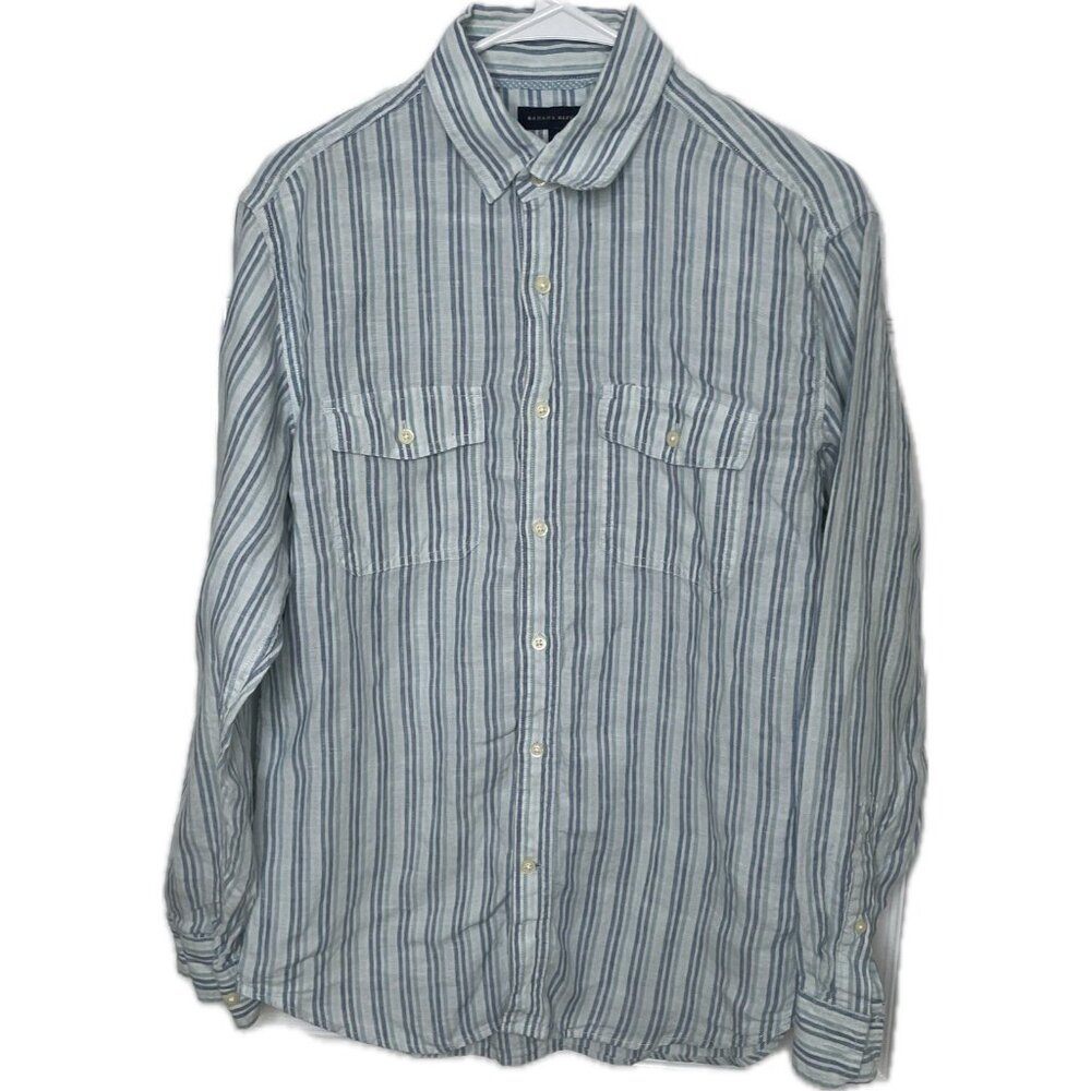 Banana republic Men’s 100% Linen Button Down Shirt Striped Blue 14.5 Small